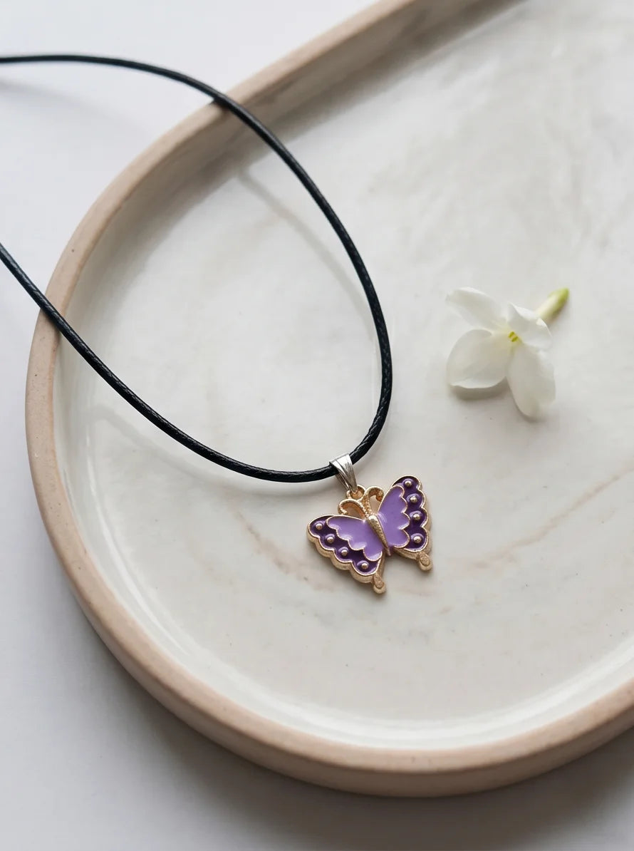 Purple Enamel Butterfly Pendant Necklace