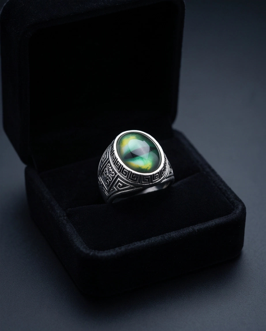 Emerald Green Slit-Pupil Dragon-Eye Greek Key Silver Ring
