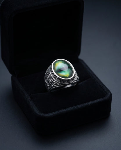 Emerald Green Slit-Pupil Dragon-Eye Greek Key Silver Ring