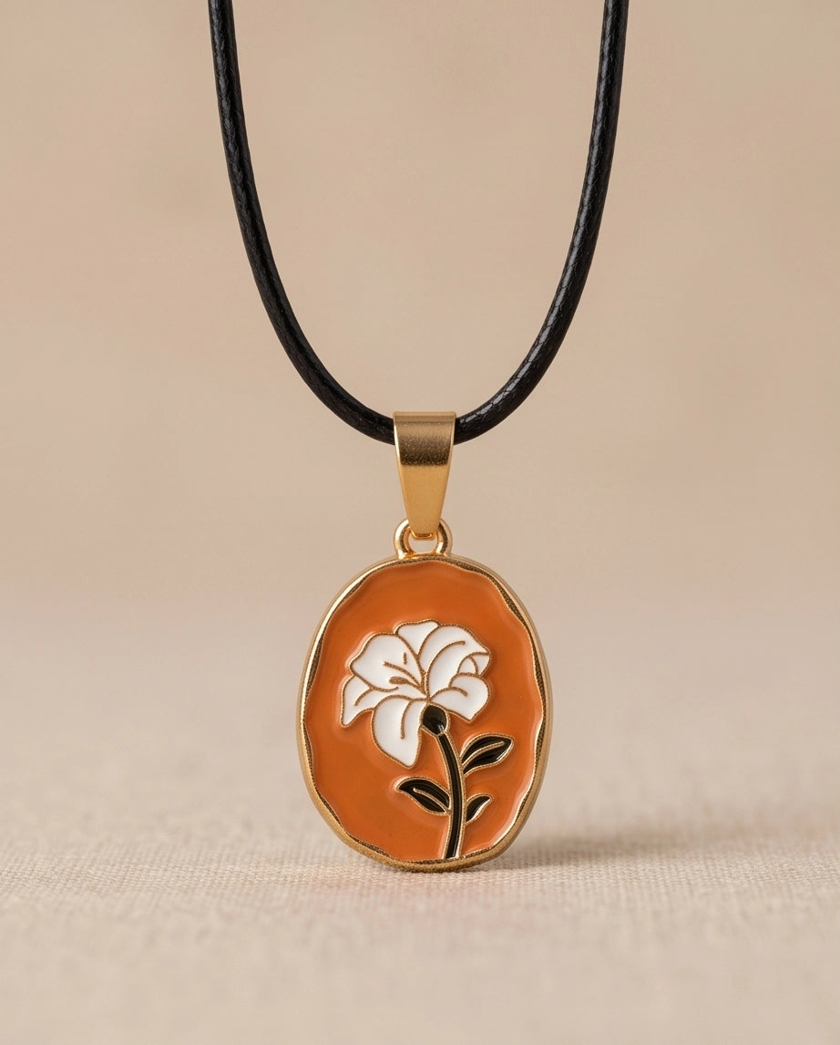 Gold Peach White Flower Enamel Medallion Chain Necklace
