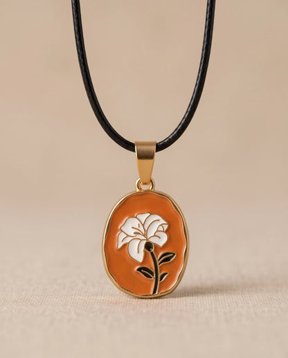 Gold Peach White Flower Enamel Medallion Chain Necklace