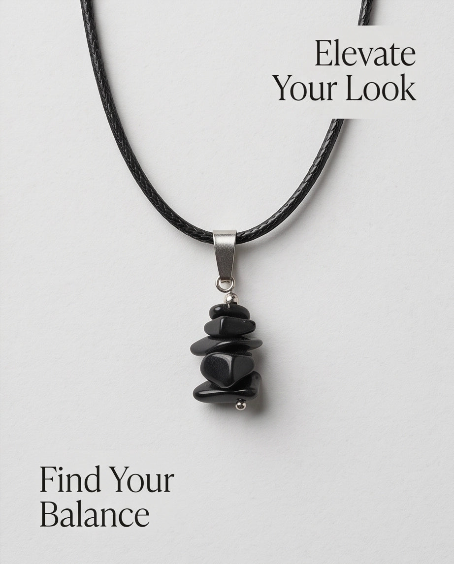 Silver Stacked Raw Black Obsidian Chip Stone Pendant Necklace
