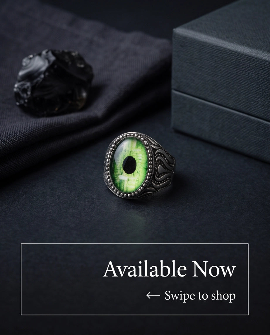 Emerald Dragon-Eye Cabochon Ornate Scrollwork Silver Ring
