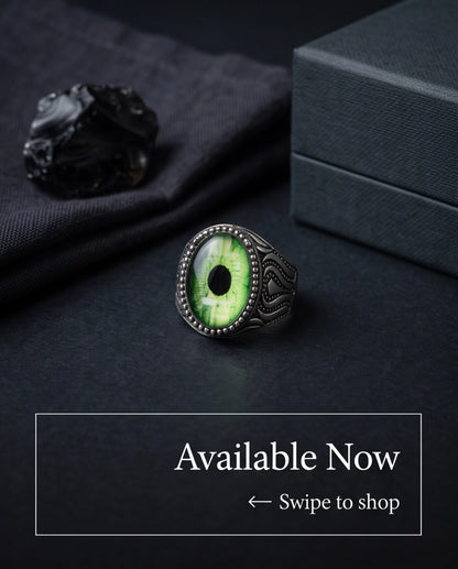 Emerald Dragon-Eye Cabochon Ornate Scrollwork Silver Ring
