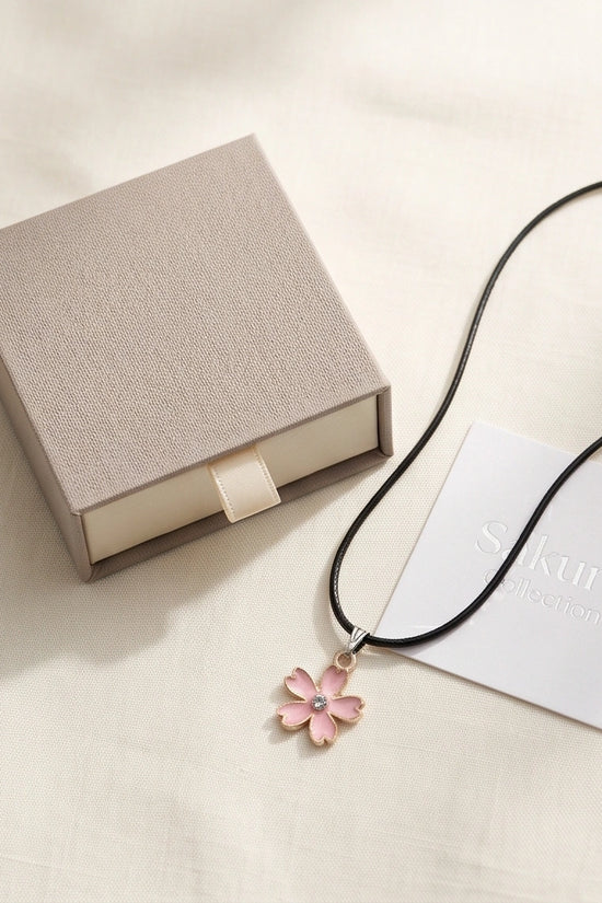 Pink Cherry Blossom Enamel Pendant Necklace with Crystal Accent