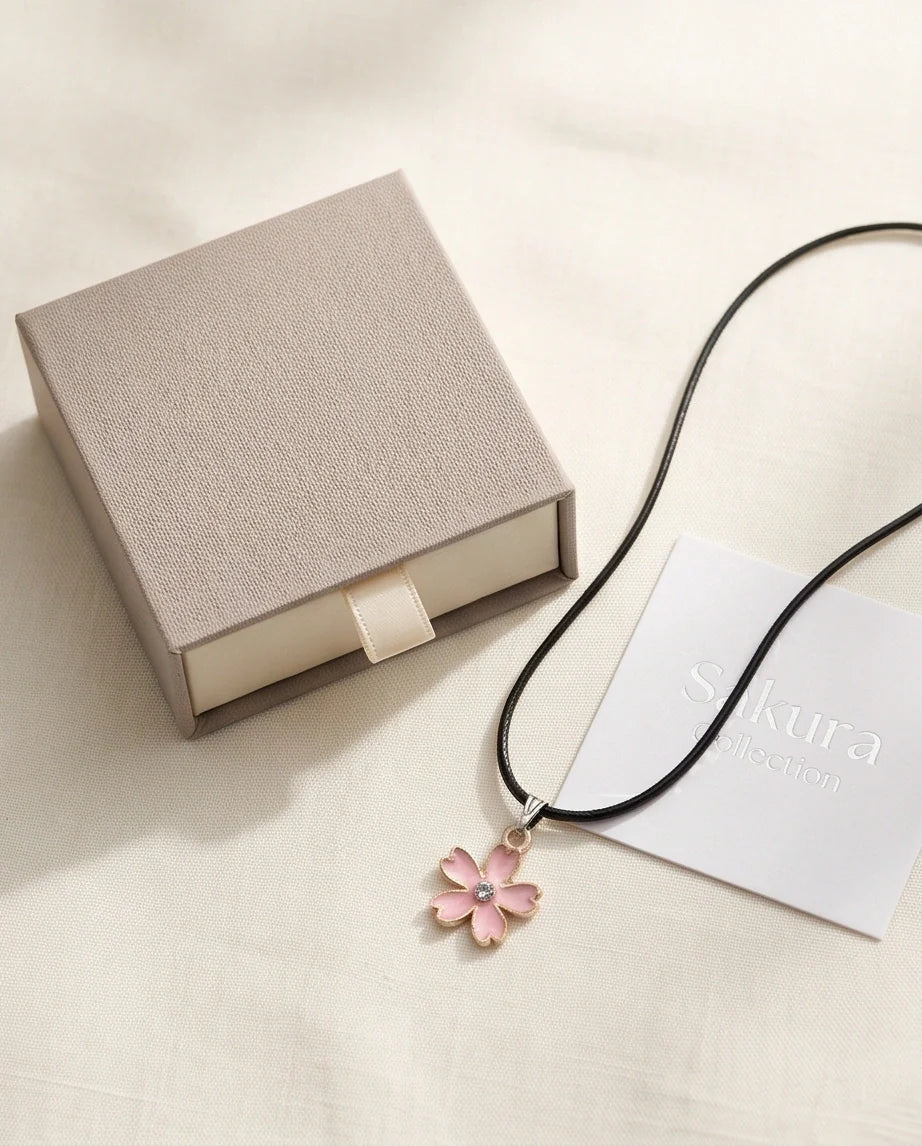 Pink Cherry Blossom Enamel Pendant Necklace with Crystal Accent