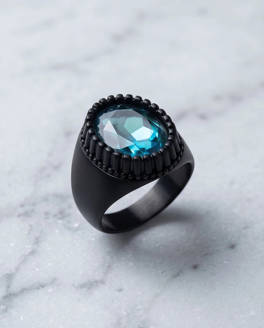 Matte Black Oval Teal Tourmaline Signet Ring
