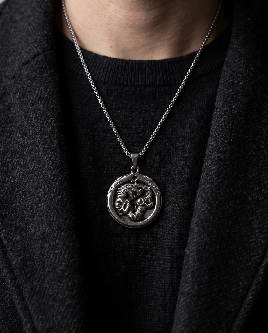 Silver Circular Dragon Medallion Pendant Necklace