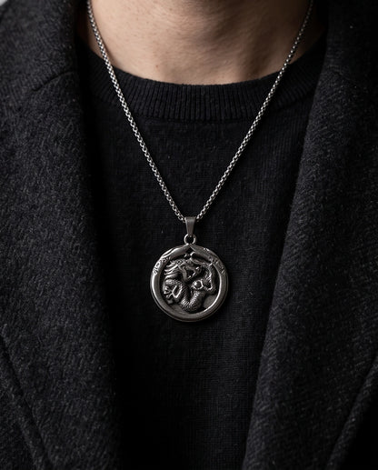 Silver Circular Dragon Medallion Pendant Necklace