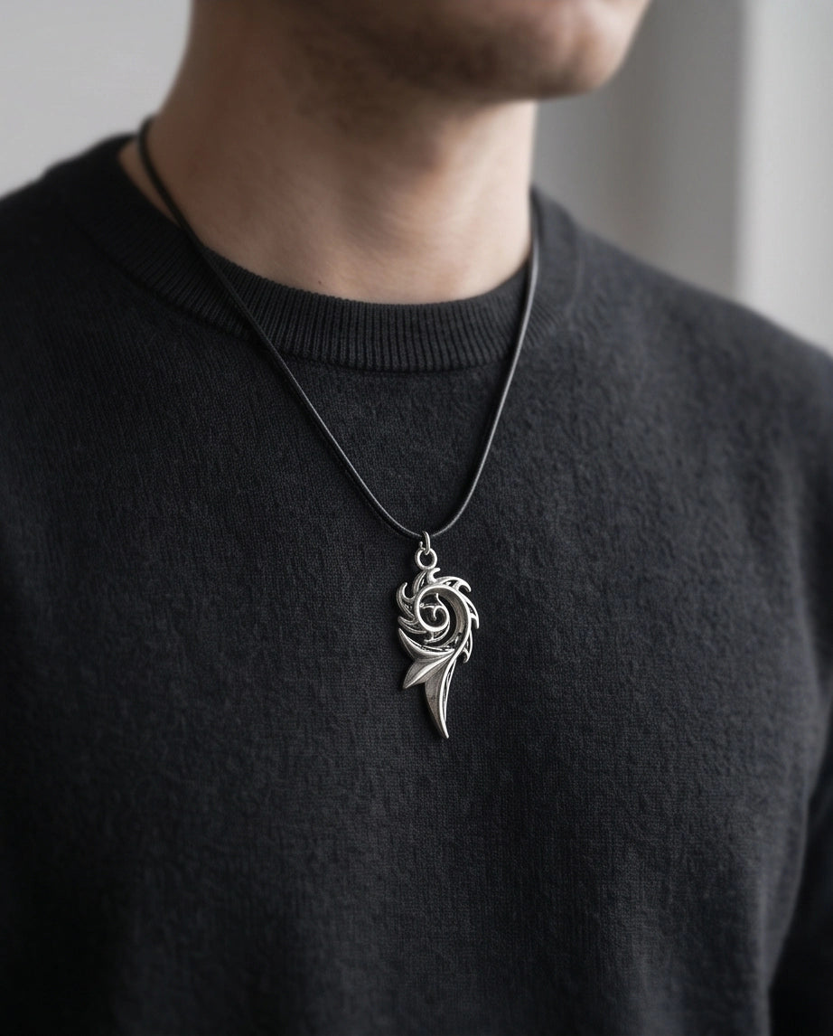 Silver Tribal Swirl Flame Cord Necklace