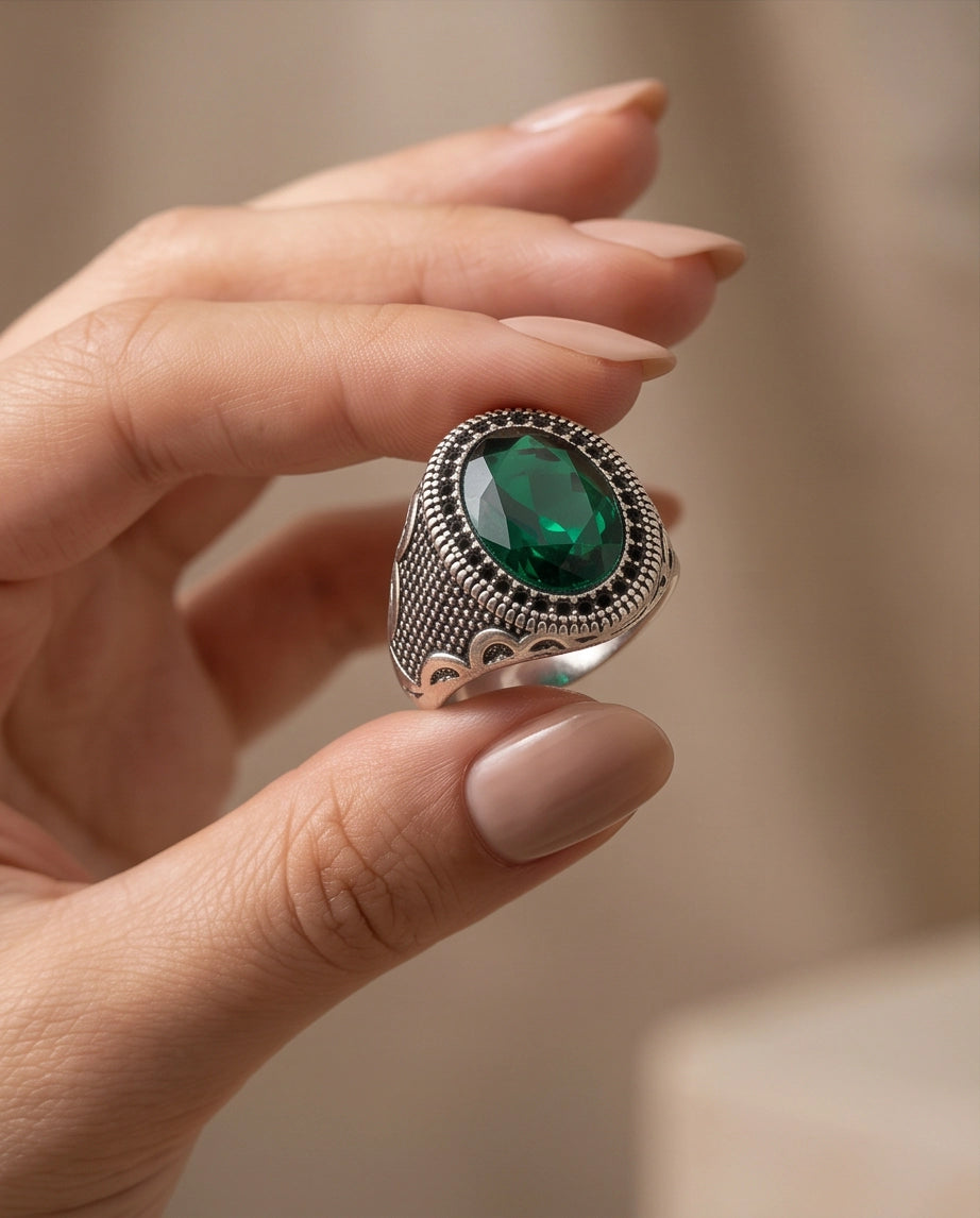Emerald Gemstone Double Beaded Frame Scroll Silver Ring