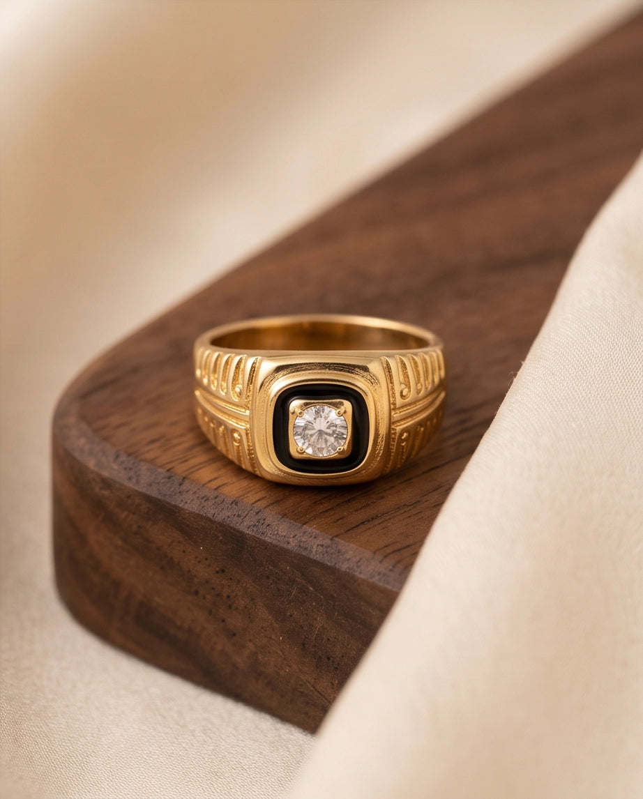 Concentric Cushion Clear Gemstone Onyx Frame Art Deco Gold Ring