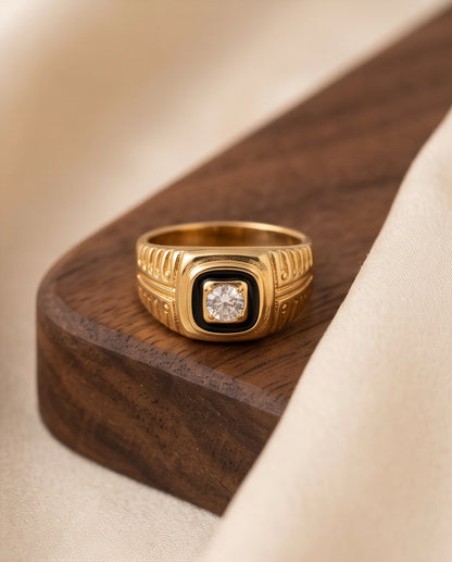 Concentric Cushion Clear Gemstone Onyx Frame Art Deco Gold Ring