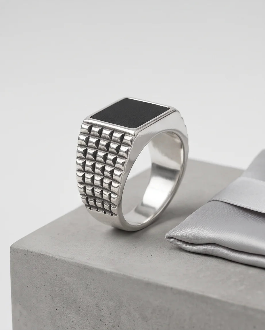 Onyx-Style Square Inlay Brick-Link Band Silver Ring
