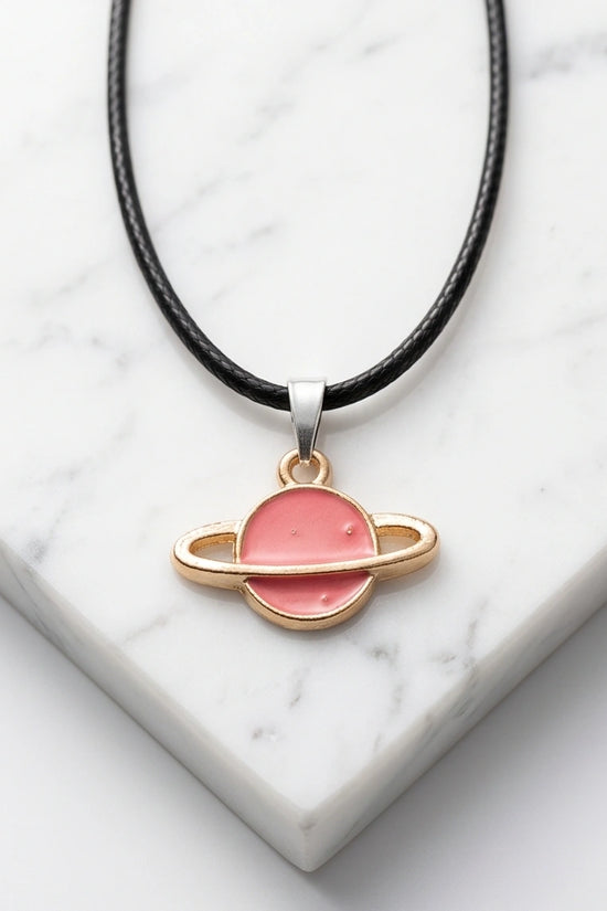 Pink Saturn Planet Enamel Pendant Necklace