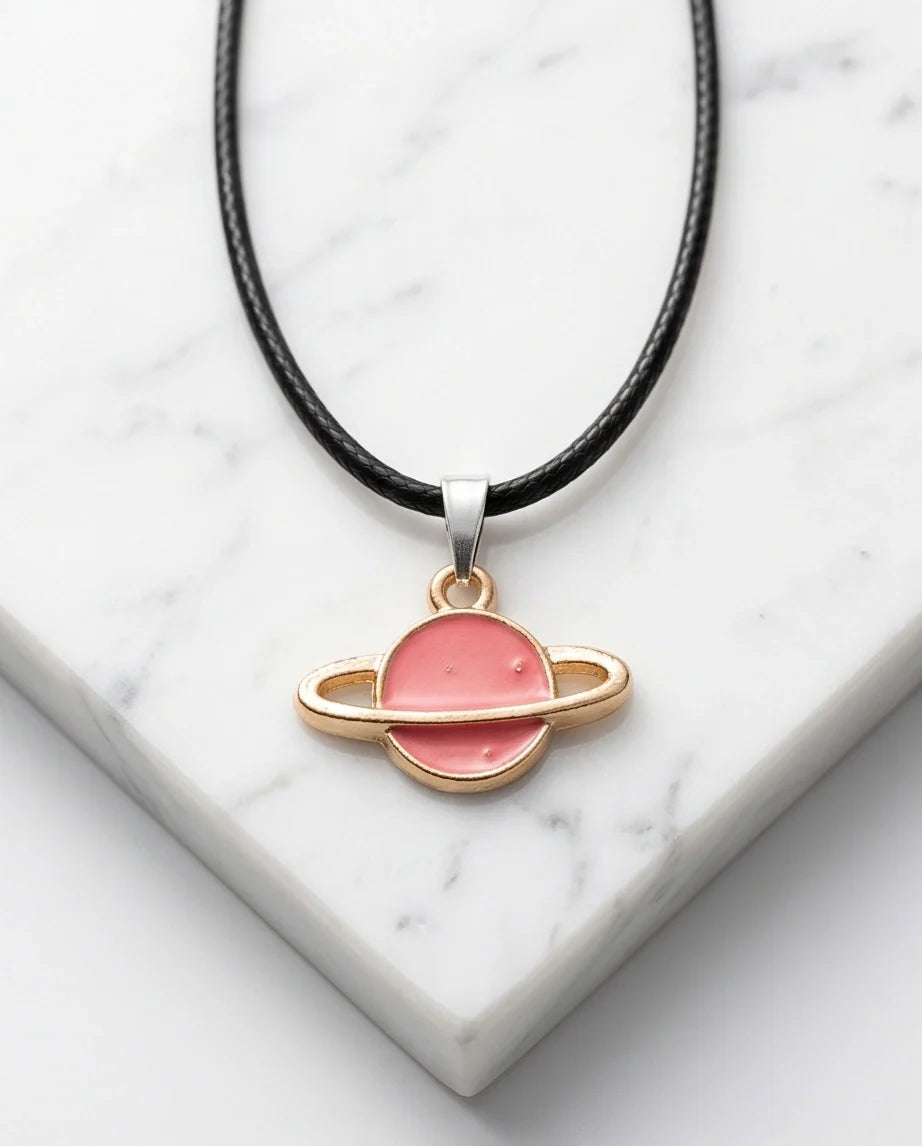 Pink Saturn Planet Enamel Pendant Necklace