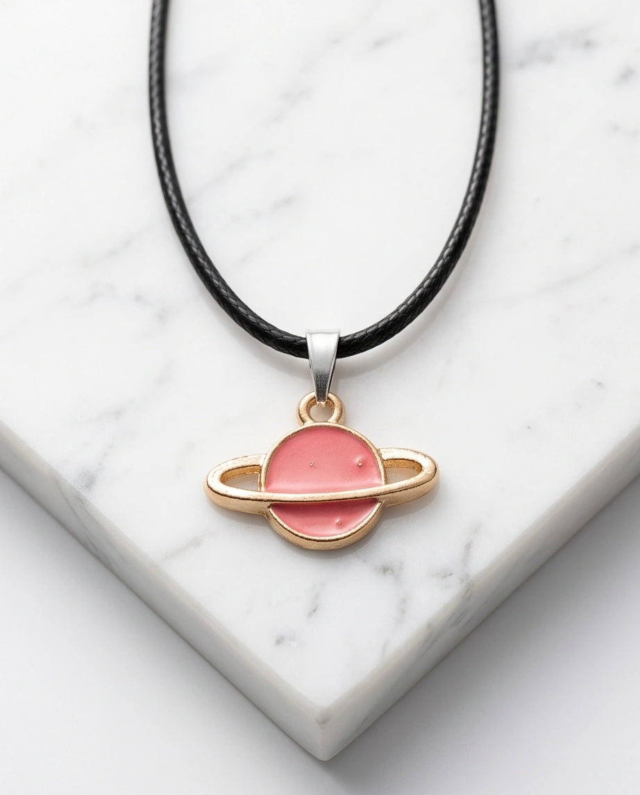 Pink Saturn Planet Enamel Pendant Necklace