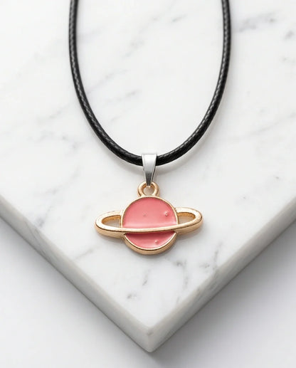 Pink Saturn Planet Enamel Pendant Necklace