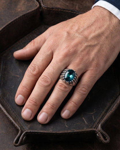 Oxidized Silver Oval Aqua Blue Claw Signet Ring