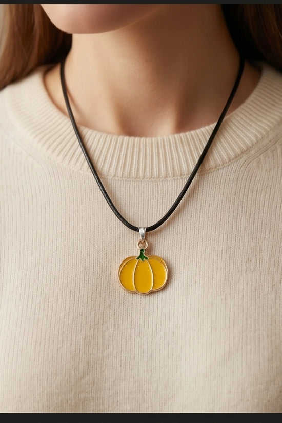 Festive Yellow Pumpkin Enamel Pendant Necklace