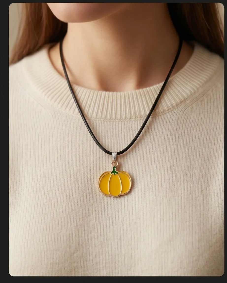 Festive Yellow Pumpkin Enamel Pendant Necklace