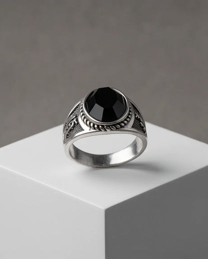Onyx-Style Faceted Oval Rope-Trim Kanji Character Silver Ring