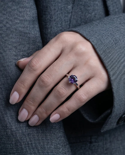 Sterling Silver Amethyst Purple Round Cut Solitaire Ring