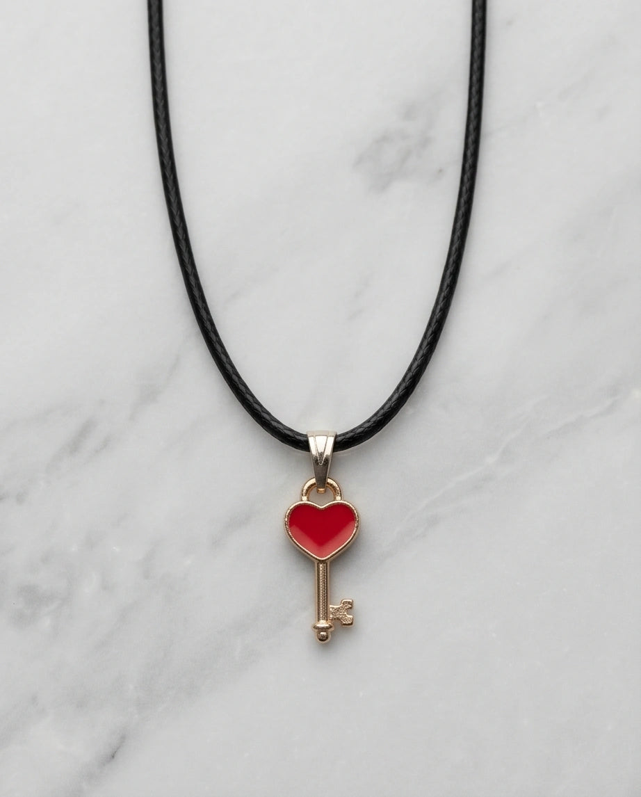 Gold and Red Heart Key Necklace