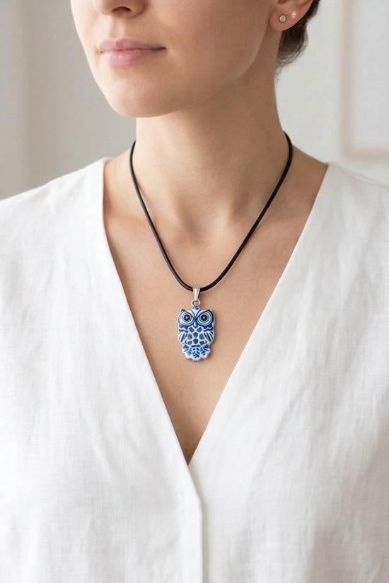 Artistic Blue Porcelain Owl Totem Pendant Necklace