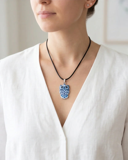 Artistic Blue Porcelain Owl Totem Pendant Necklace