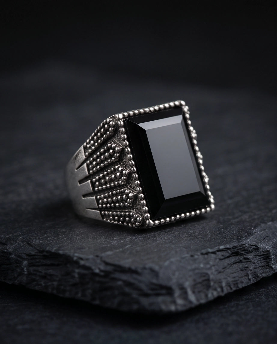 Onyx Gemstone Beaded Frame Emerald-Cut Fluted Stippled Silver Ring