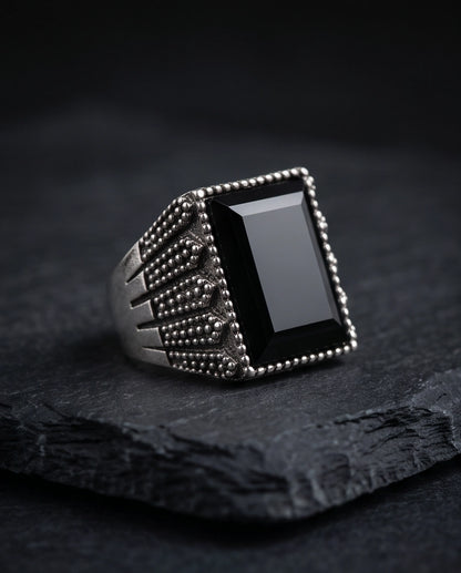 Onyx Gemstone Beaded Frame Emerald-Cut Fluted Stippled Silver Ring