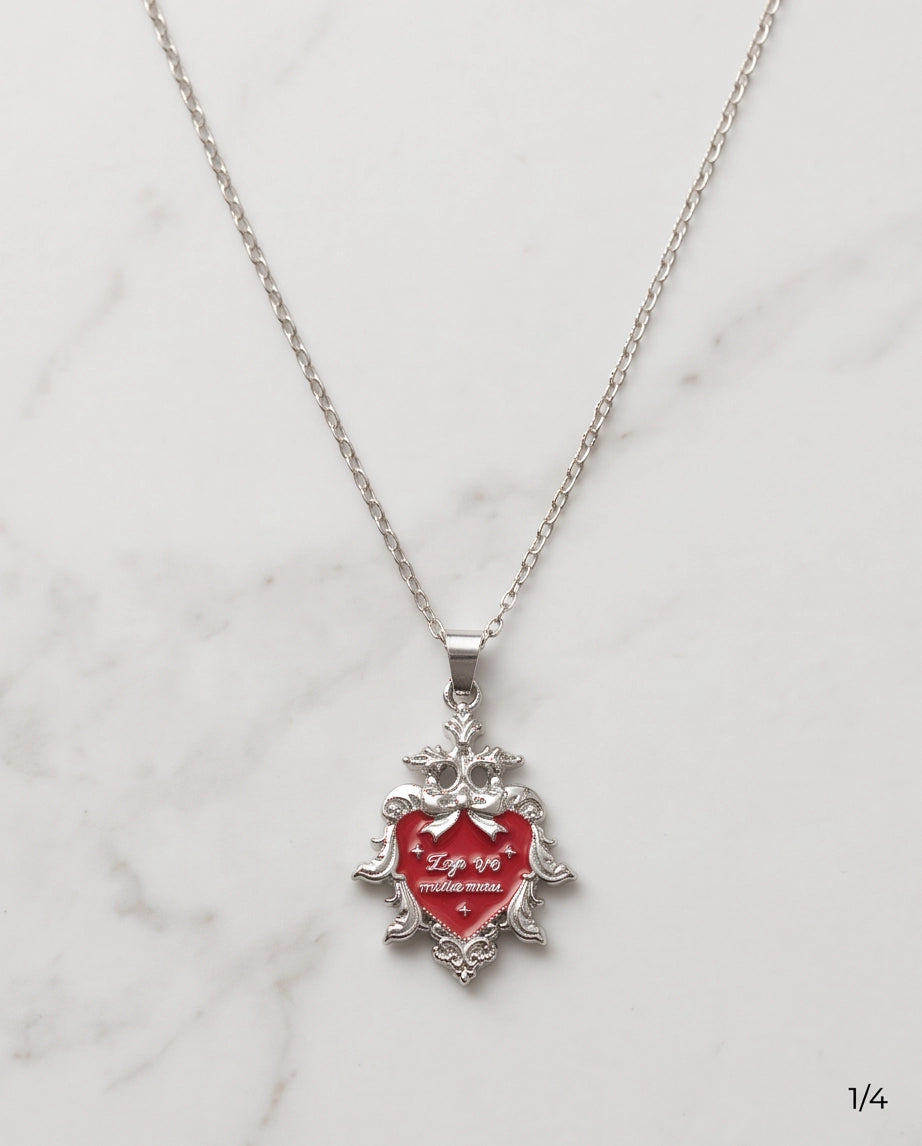 Silver Vintage Heart Engraved Red Enamel Pendant Necklace