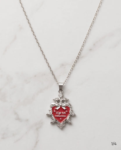 Silver Vintage Heart Engraved Red Enamel Pendant Necklace