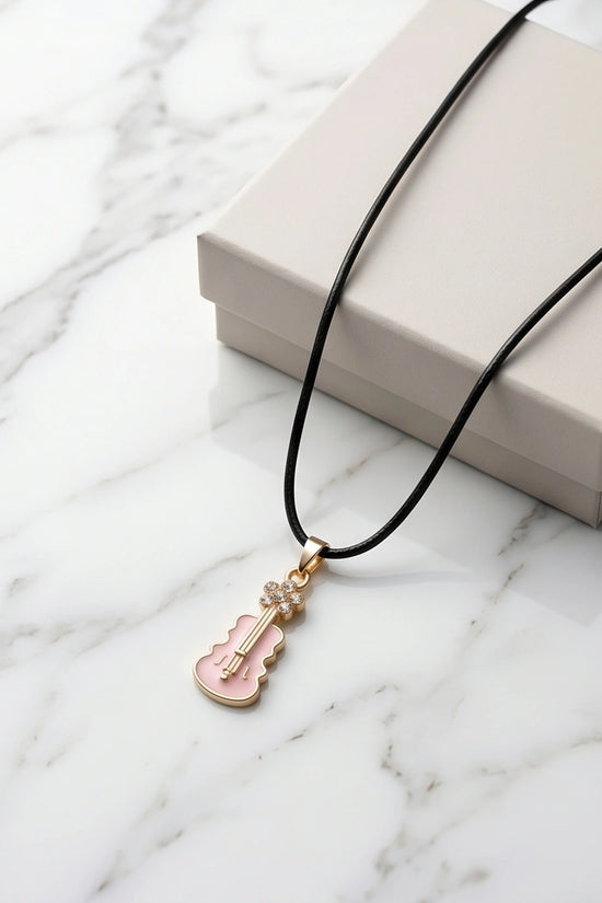 Gold and Pink Enamel Violin Necklace