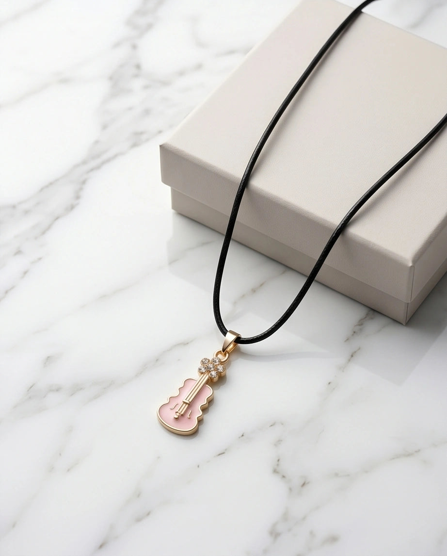Gold and Pink Enamel Violin Necklace
