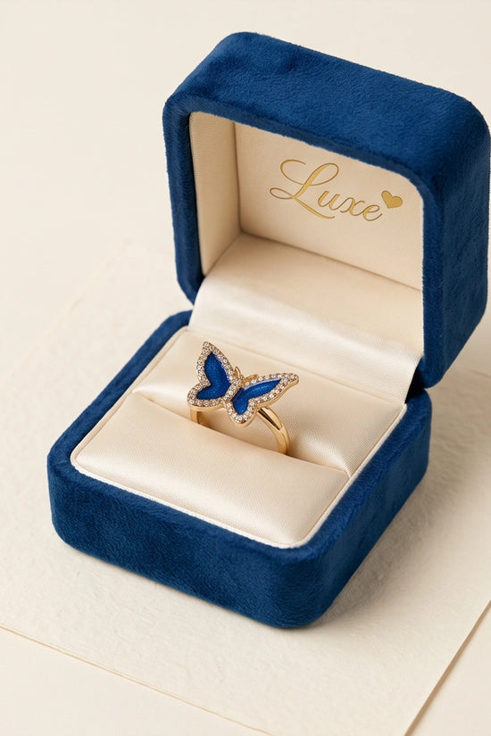 Gold Plated Royal Blue Enamel Butterfly Statement Ring