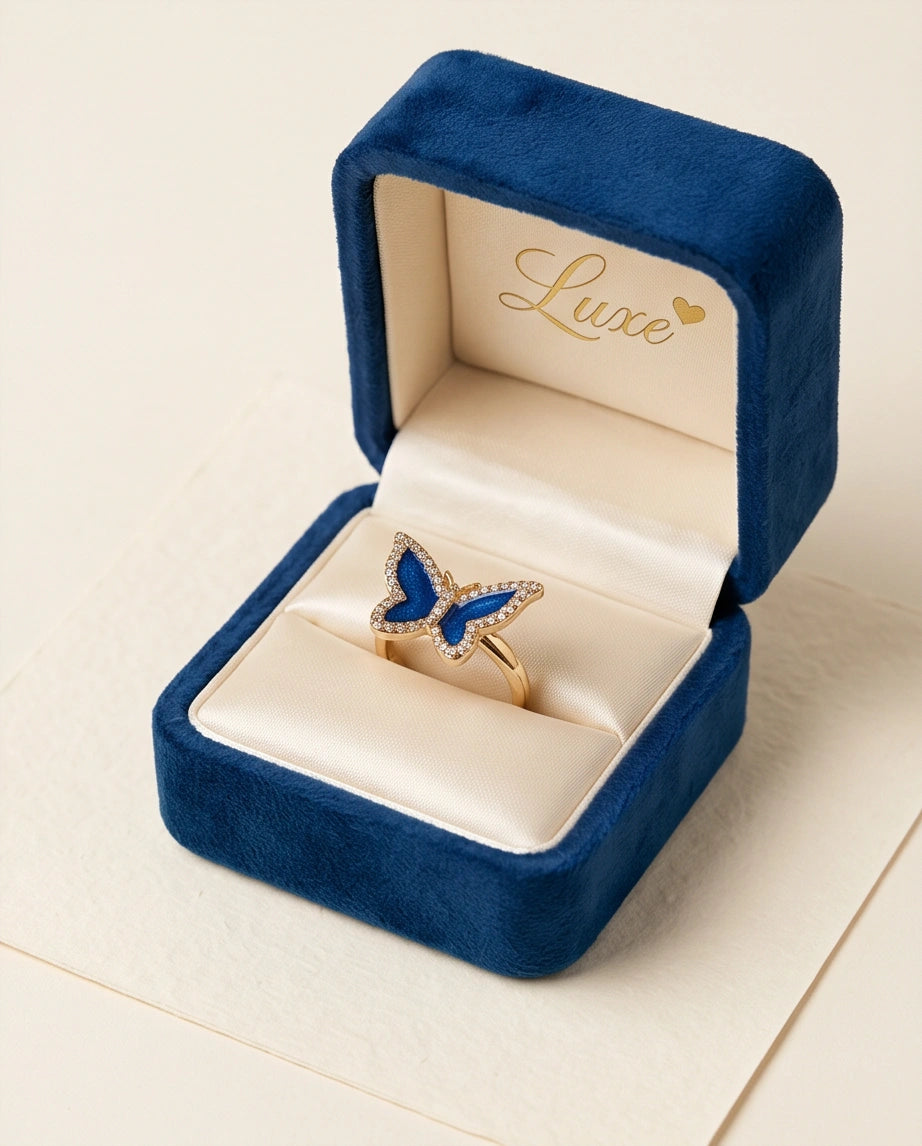 Gold Plated Royal Blue Enamel Butterfly Statement Ring