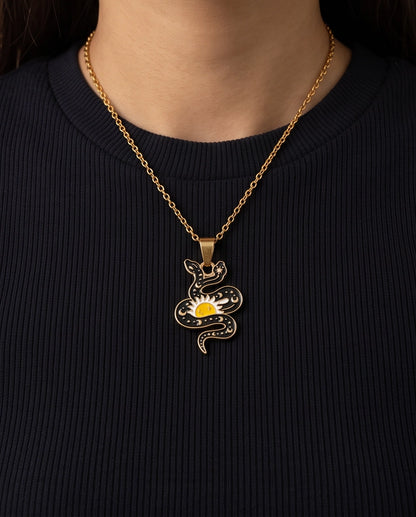 Gold Sunburst Serpent Enamel Pendant Necklace
