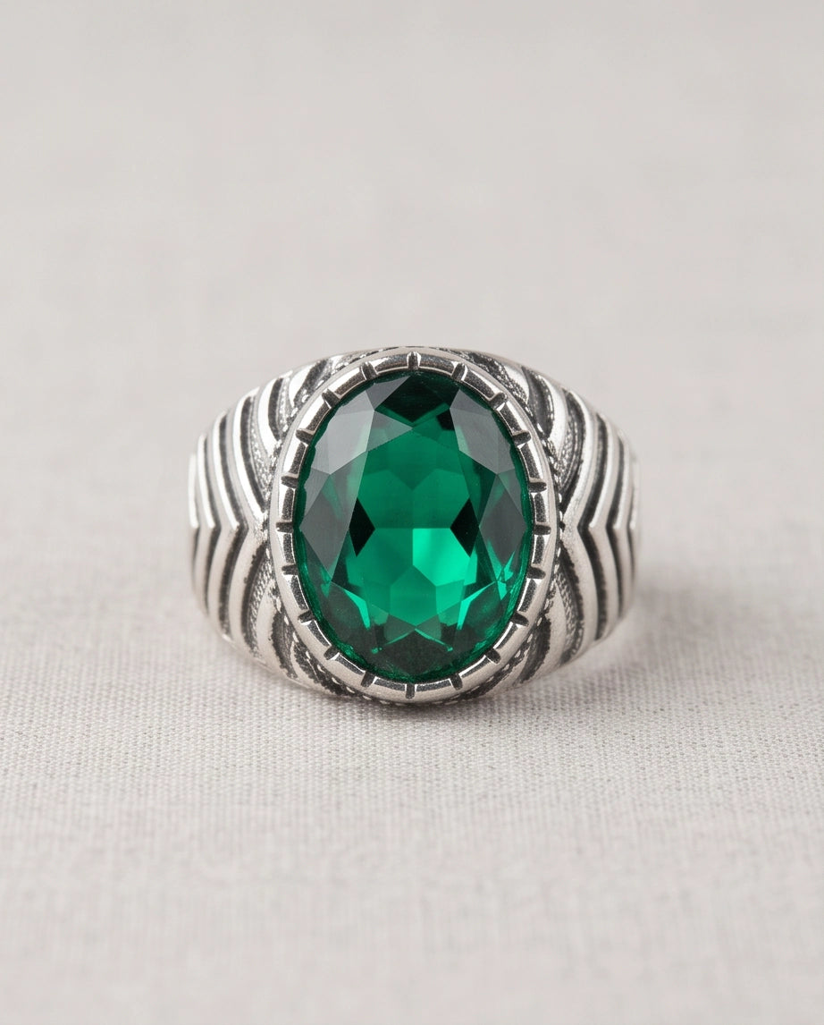 Emerald Gemstone Notched Bezel Chevron Ribbed Silver Ring