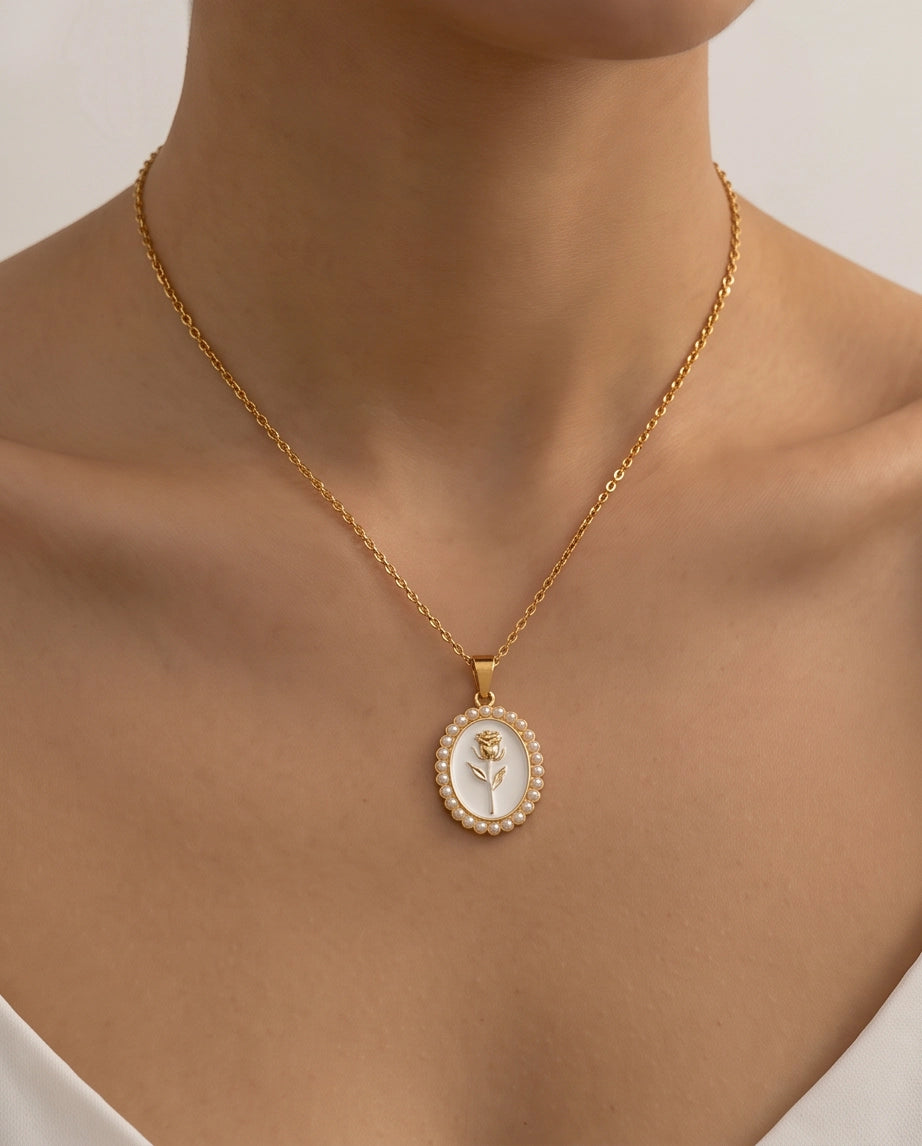 Gold Pearl Frame White Enamel Rose Oval Pendant Necklace