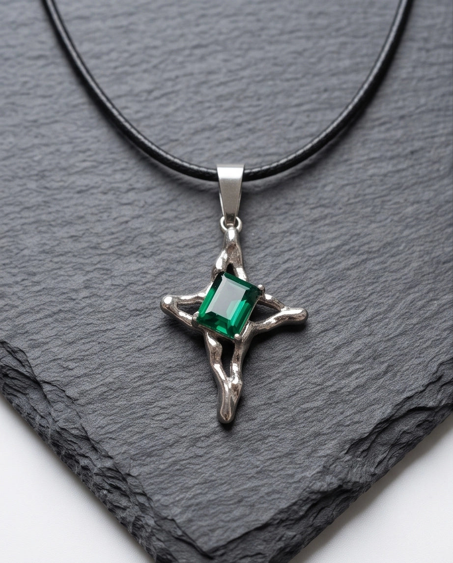 Silver Emerald Gemstone Gothic Cross Pendant Necklace