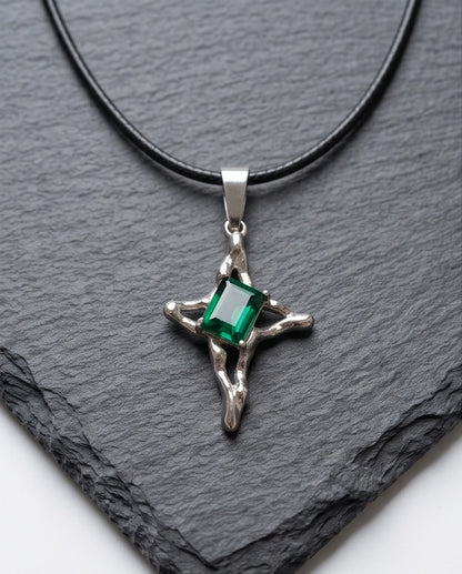 Silver Emerald Gemstone Gothic Cross Pendant Necklace