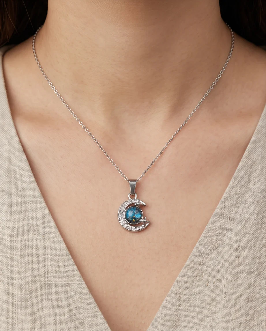 Silver Cosmic Galaxy Crescent Moon Pendant Necklace