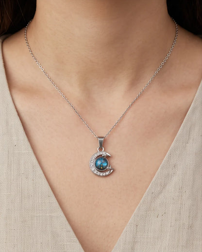 Silver Cosmic Galaxy Crescent Moon Pendant Necklace