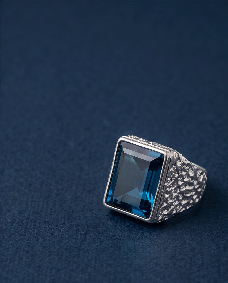 Ocean Blue Emerald-Cut Gemstone Stippled Silver Ring