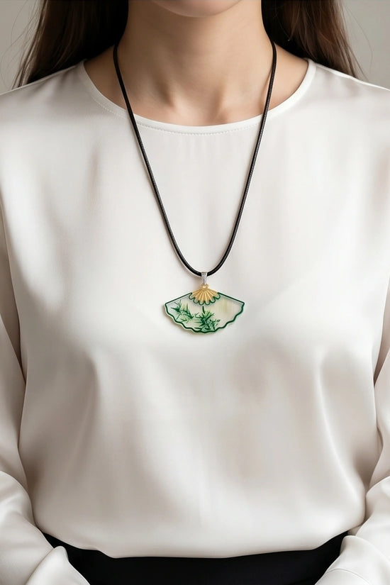 Artistic Green Bamboo Fan Pendant Necklace