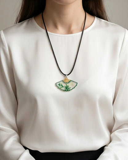 Artistic Green Bamboo Fan Pendant Necklace