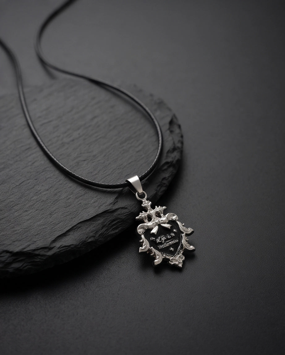 Silver Vintage Heart Engraved Black Enamel Pendant Necklace