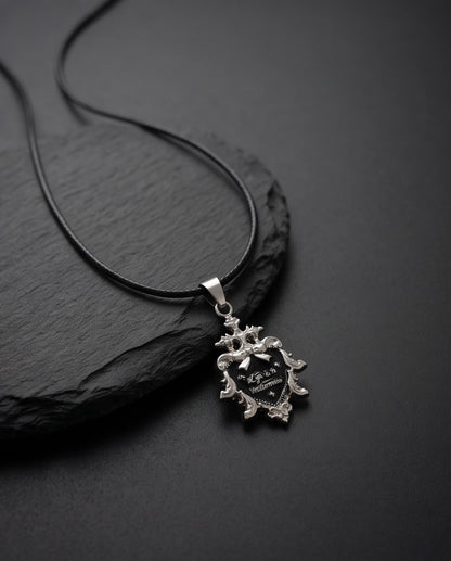 Silver Vintage Heart Engraved Black Enamel Pendant Necklace